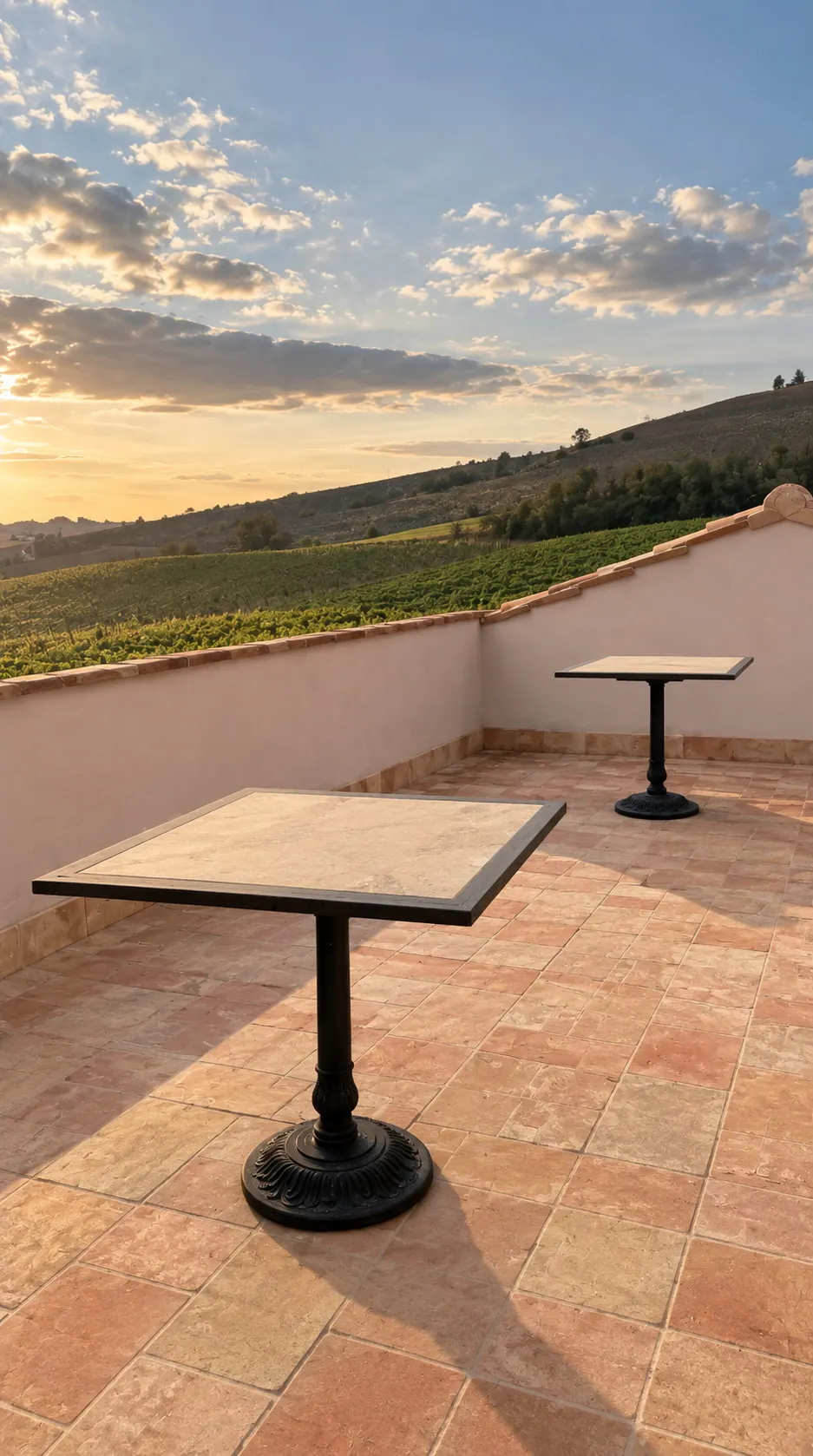 La terrazza sul tetto di Calamonte con un tavolino, affacciata sulle colline al tramonto