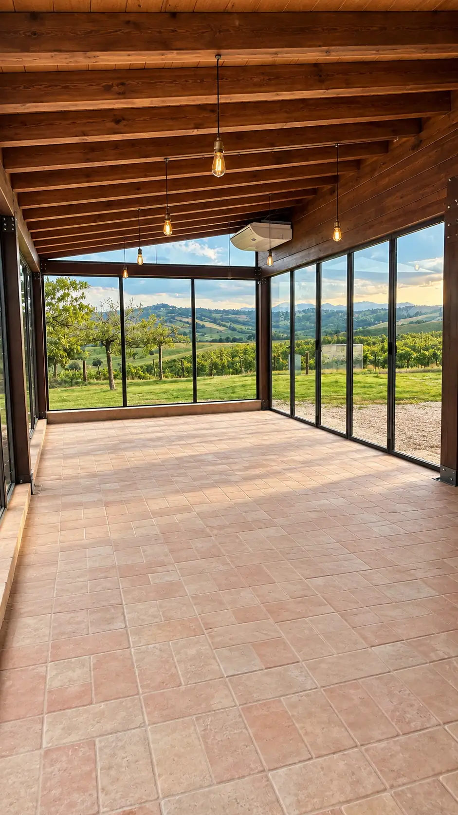 L’interno della veranda di Calamonte: pavimento in cotto, soffitto in legno e vetrate sulle colline